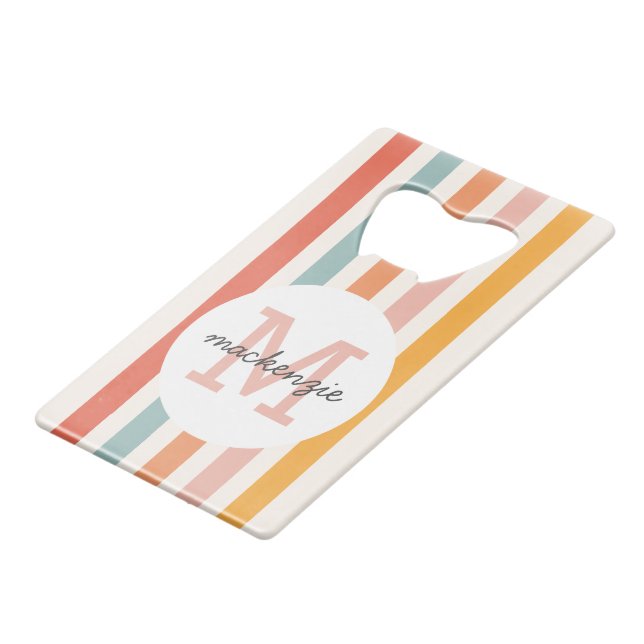 Mit Monogramm Retro Farbige Streifen Personalisier Geldbeutel Flaschenöffner (Vorderseite Schrägansicht)