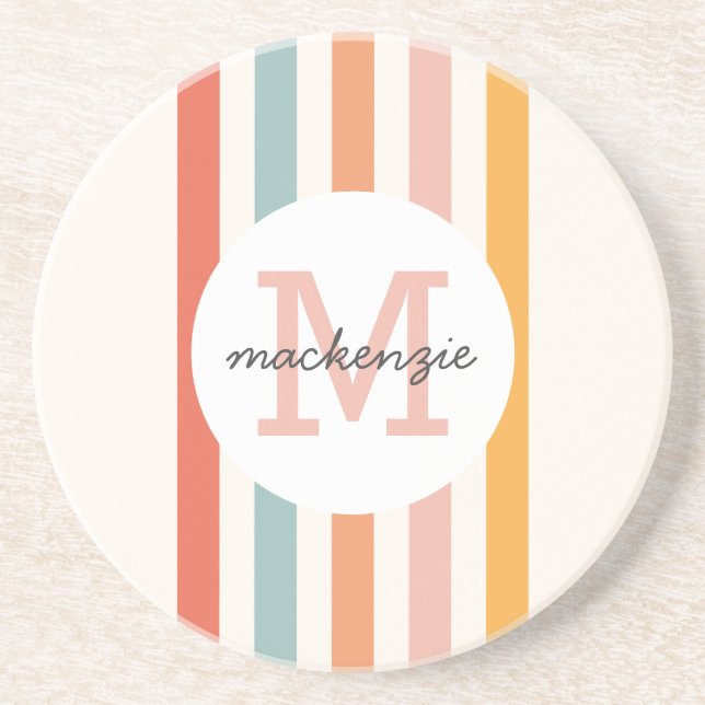 Mit Monogramm Retro Farbige Streifen Personalisier Getränkeuntersetzer (Vorne)
