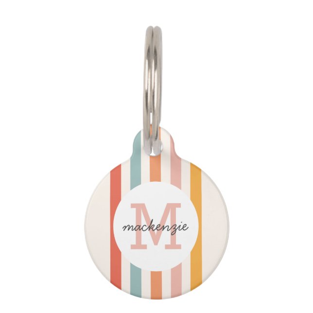 Mit Monogramm Retro Farbige Streifen Personalisier Haustiermarke (Vorderseite)