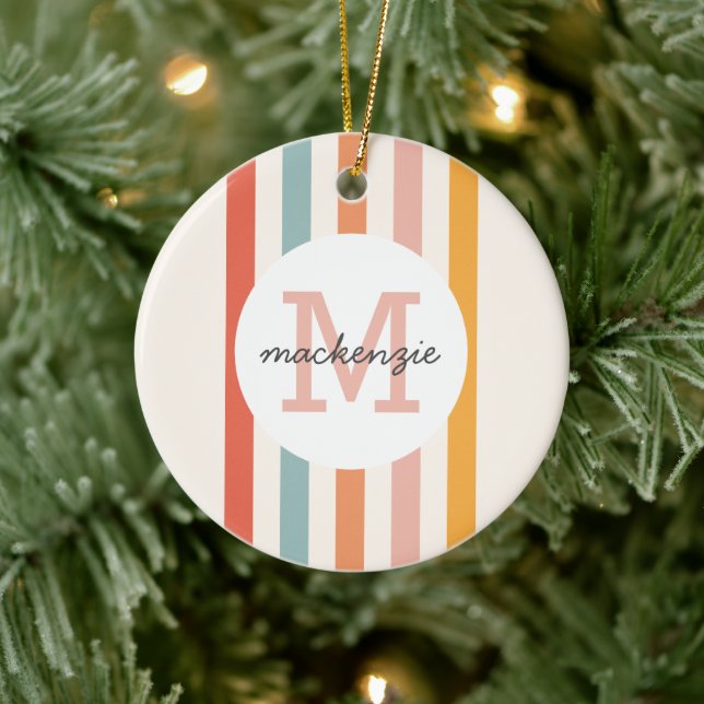 Mit Monogramm Retro Farbige Streifen Personalisier Keramik Ornament (Baum)