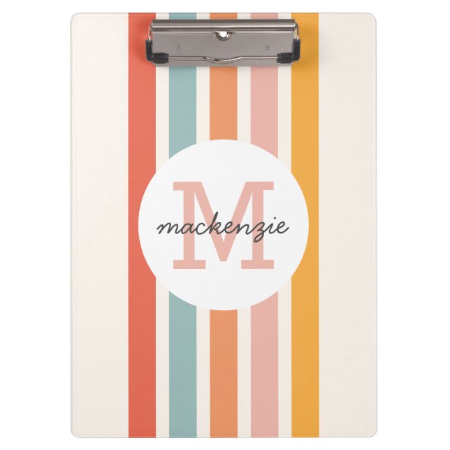 Mit Monogramm Retro Farbige Streifen Personalisier Klemmbrett (Vorderseite)