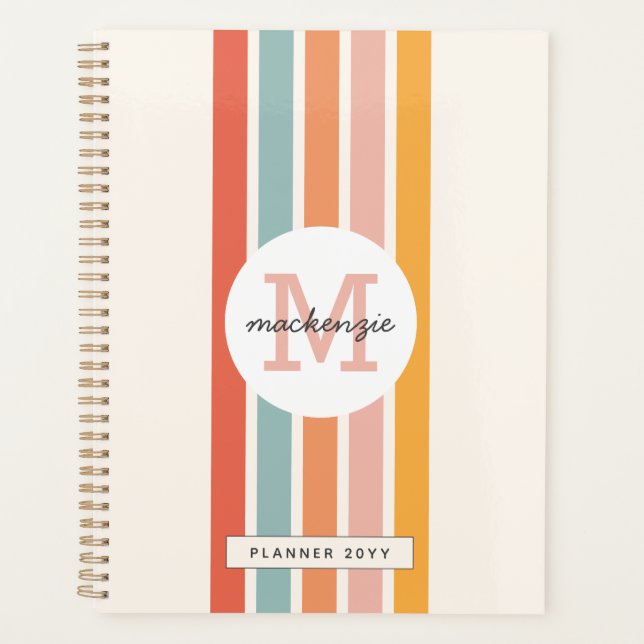 Mit Monogramm Retro Farbige Streifen Personalisier Planer (Vorderseite)