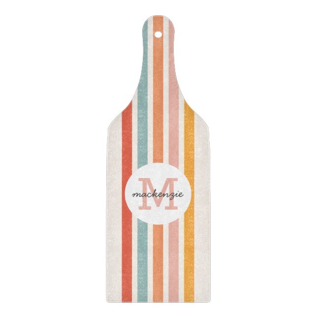 Mit Monogramm Retro Farbige Streifen Personalisier Schneidebrett (Vorderseite)