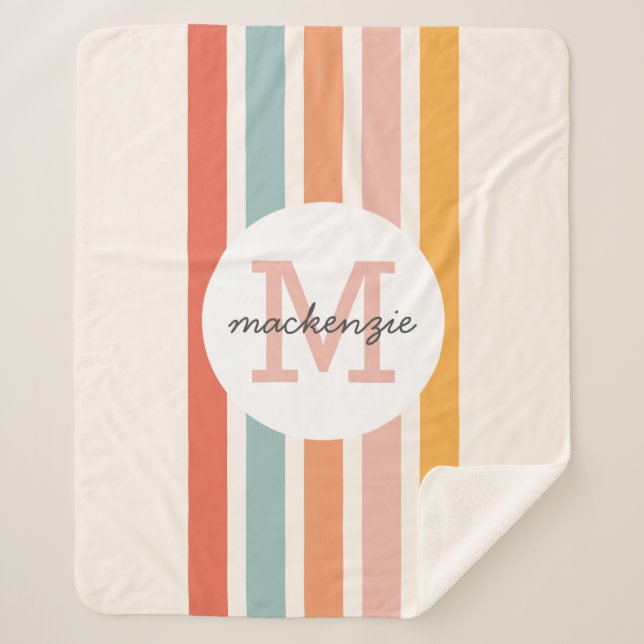Mit Monogramm Retro Farbige Streifen Personalisier Sherpadecke (Vorderseite)