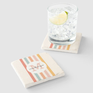 Mit Monogramm Retro Farbige Streifen Personalisier Steinuntersetzer