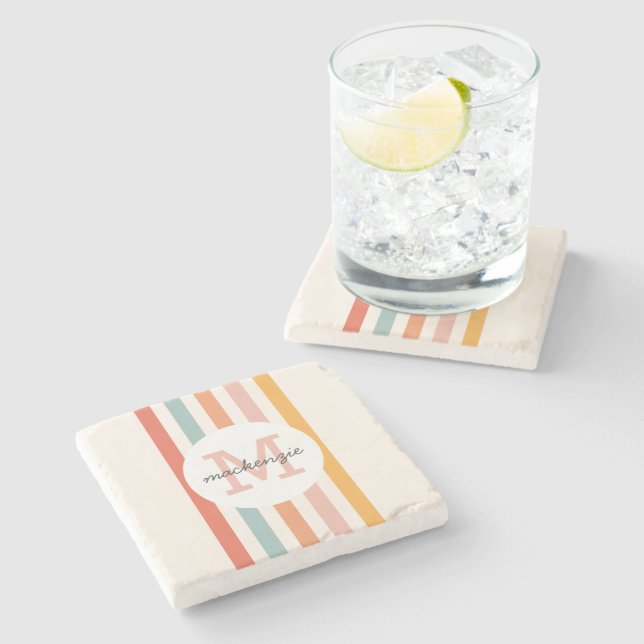 Mit Monogramm Retro Farbige Streifen Personalisier Steinuntersetzer (Seitenansicht)