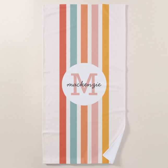 Mit Monogramm Retro Farbige Streifen Personalisier Strandtuch (Vorderseite)