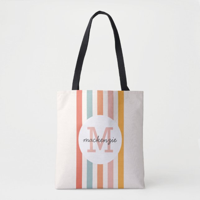 Mit Monogramm Retro Farbige Streifen Personalisier Tasche (Vorderseite)