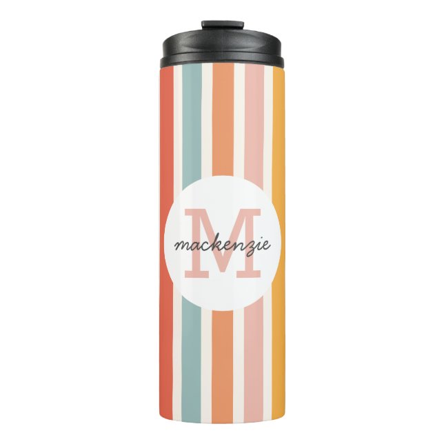 Mit Monogramm Retro Farbige Streifen Personalisier Thermosbecher (Vorderseite)