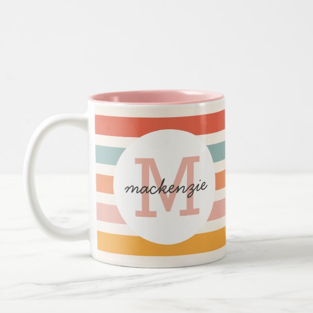 Mit Monogramm Retro Farbige Streifen Personalisier Zweifarbige Tasse (Links)