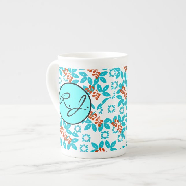 Mit Monogramm Retro-Farbleaf-Muster Prozellantasse (Vorderseite Links)