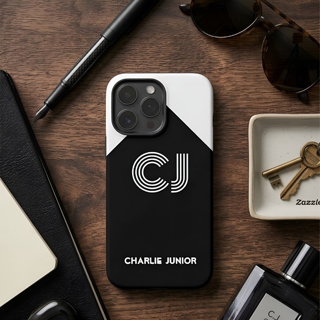 mit Monogramm Retroinitis Schwarzweiß iPhone 16 Pro Max Hülle (Von Creator hochgeladen)