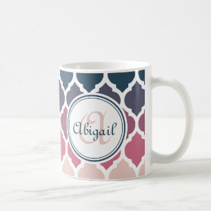 Mit Monogramm rosa blaues marokkanisches Gittermus Kaffeetasse