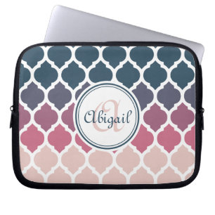 Mit Monogramm rosa blaues marokkanisches Gittermus Laptopschutzhülle