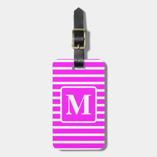 Mit Monogramm rosa Blockstreifen Gepäckanhänger (Vorderseite vertikal)