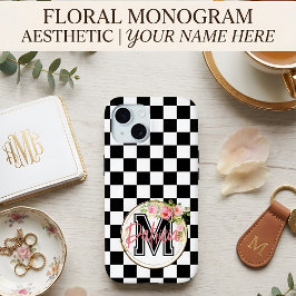 Mit Monogramm rosa Blume schwarz und weiß Checked Case-Mate iPhone Hülle
