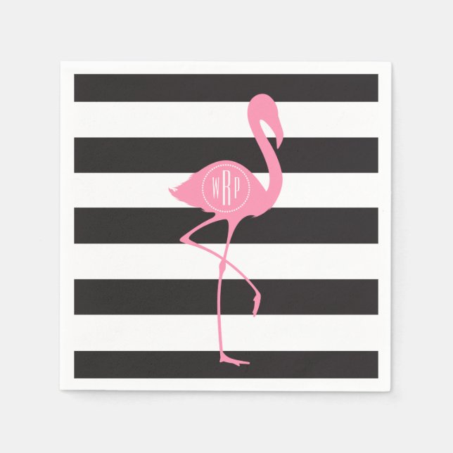 Mit Monogramm rosa Flamingo + Schwarz + Weiße Stre Serviette (Vorderseite)