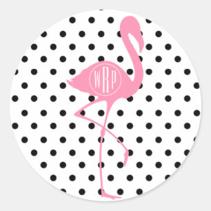 Mit Monogramm rosa Flamingo + Schwarzer Polka Dot Runder Aufkleber
