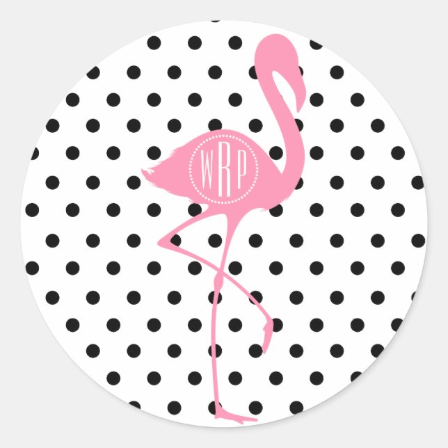 Mit Monogramm rosa Flamingo + Schwarzer Polka Dot Runder Aufkleber (Vorderseite)