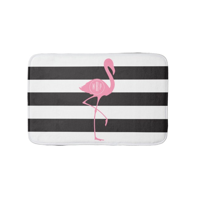 Mit Monogramm rosa Flamingo + Schwarzes + Weiße Badematte (Vorderseite)