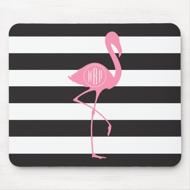 Mit Monogramm rosa Flamingo + Schwarzes + Weiße Mousepad (Vorne)