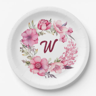 Mit Monogramm-rosa-florale Initial Pappteller
