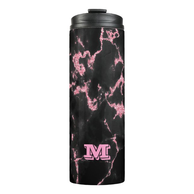 Mit Monogramm rosa Glitzer im schwarzen Hintergrun Thermosbecher (Vorderseite)