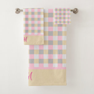 Mit Monogramm rosa, grau und gelb Kariert Badhandtuch Set