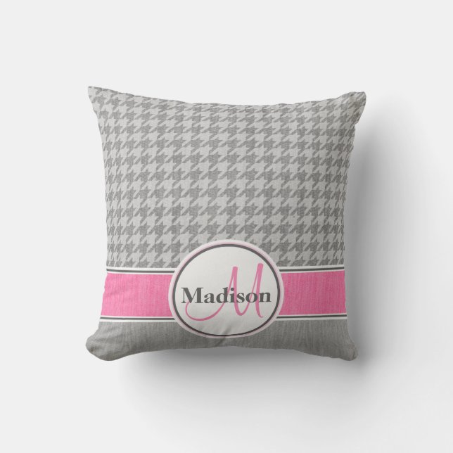Mit Monogramm rosa Hahnentrittmuster Muster Kissen (Vorderseite)
