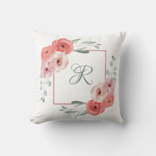 Mit Monogramm rosa Koralle und weiße grüne Blüten Kissen
