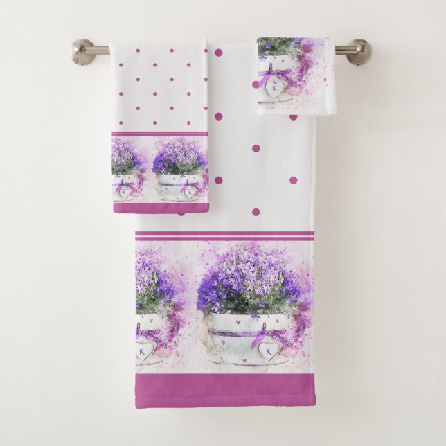 Mit Monogramm rosa Lavendel Floral Polka dot Badhandtuch Set (Insitu)