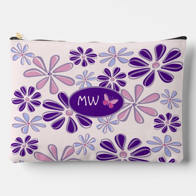 Mit Monogramm rosa Lila Blume Schmetterling Doodle Zubehörtasche (Vorderseite)