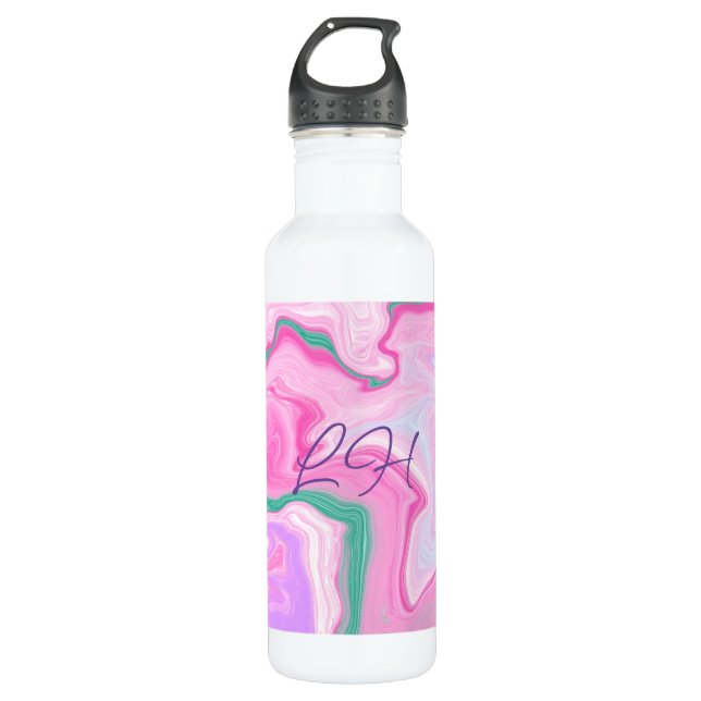 Mit Monogramm, rosa, Lila, Minze Grüne Marmorkunst Edelstahlflasche (Vorderseite)