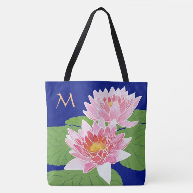Mit Monogramm rosa Lilien auf blau Tasche (Vorderseite)