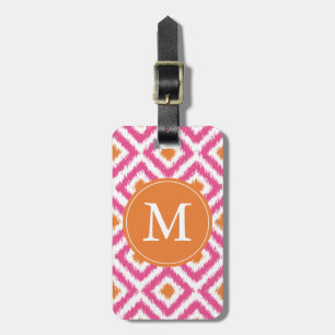 Mit Monogramm rosa Mandarine-Diamanten Ikat Muster Gepäckanhänger