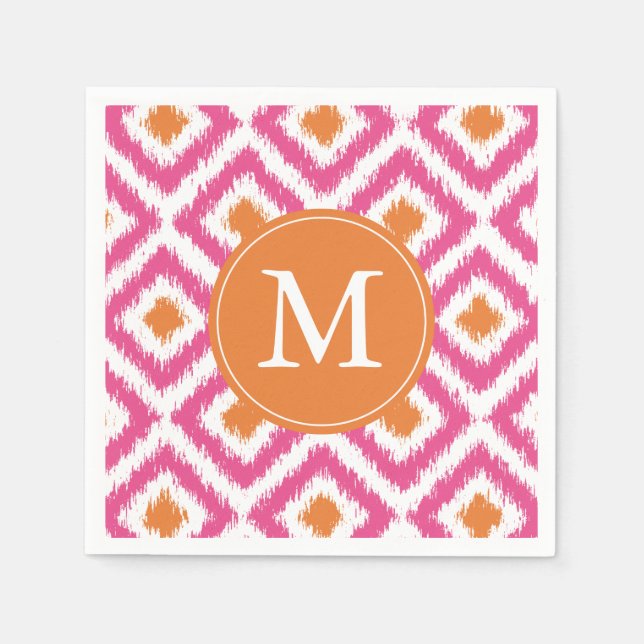 Mit Monogramm-Rosa-Mandarine Ikat-Muster Serviette (Vorderseite)