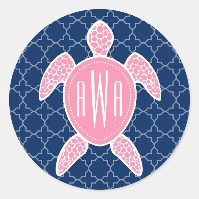 Mit Monogramm Rosa-Meeresschildkröte Runder Aufkleber (Vorderseite)