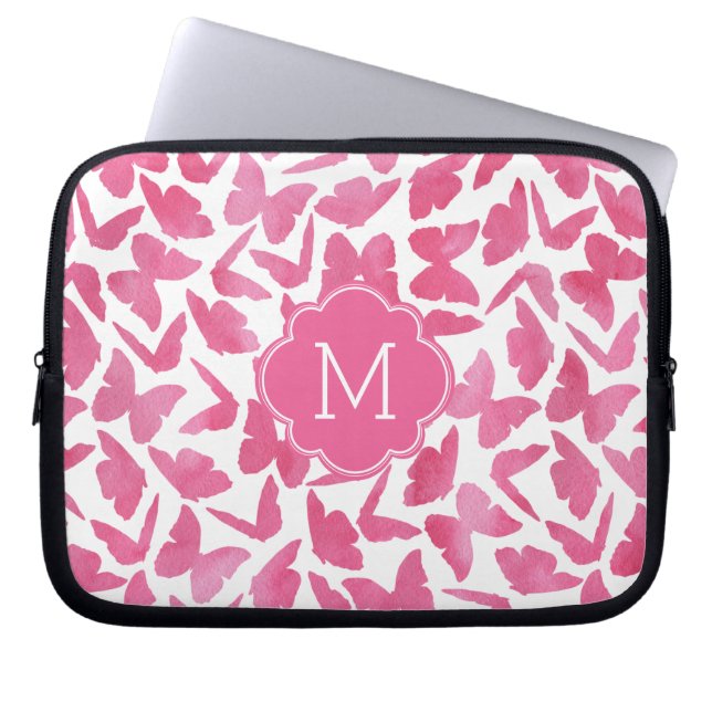 Mit Monogramm rosa Schmetterlingsmuster Laptopschutzhülle (Vorderseite)
