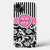 Mit Monogramm rosa, schwarz, weiß gestreifte Damas