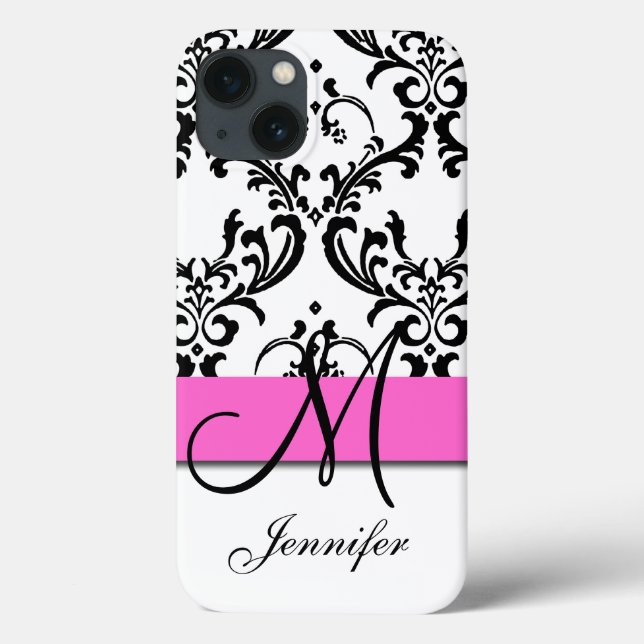 Mit Monogramm rosa Schwarz-weiße Wirbel Damask Case-Mate iPhone Hülle (Rückseite)
