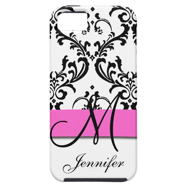 Mit Monogramm rosa Schwarz-weiße Wirbel Damaskus Case-Mate iPhone Hülle (Rückseite)