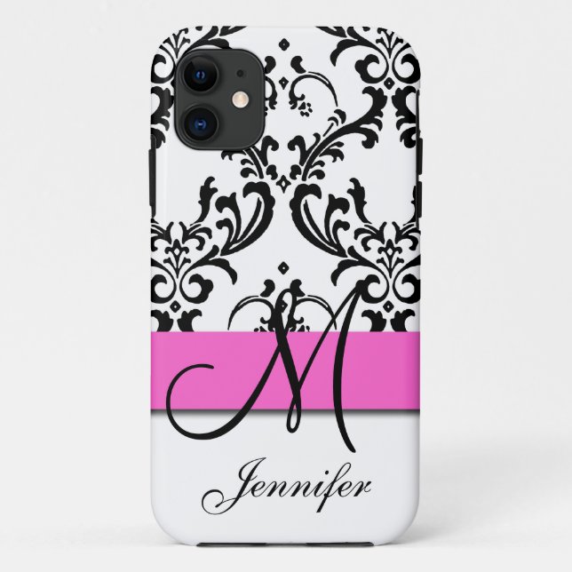 Mit Monogramm rosa Schwarz-weiße Wirbel Damaskus Case-Mate iPhone Hülle (Rückseite)
