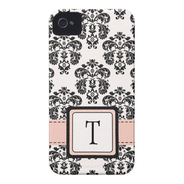 Mit Monogramm rosa schwarze Damast iPhone 4 Case-Mate iPhone Hülle (Rückseite)