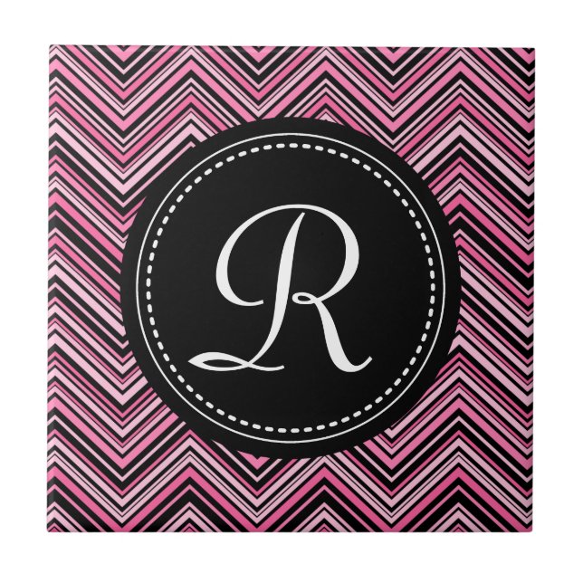 Mit Monogramm rosa Schwarzes Tribal Zickzack Muste Fliese (Vorderseite)