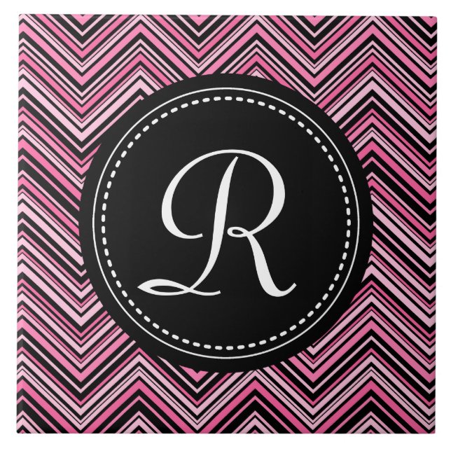 Mit Monogramm rosa Schwarzes Tribal Zickzack Muste Fliese (Vorderseite)