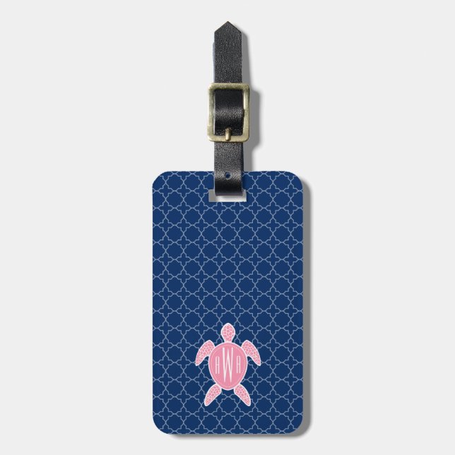 Mit Monogramm rosa Seeschildkröte-Blau Quatrefoil Gepäckanhänger (Vorderseite vertikal)