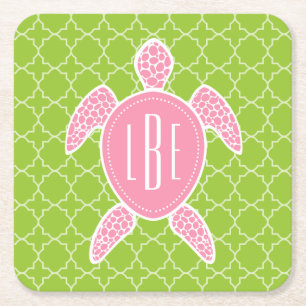 Mit Monogramm rosa Seeschildkröte-Grün Quatrefoi Rechteckiger Pappuntersetzer