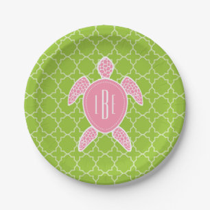 Mit Monogramm rosa Seeschildkröte-Grün Quatrefoil Pappteller