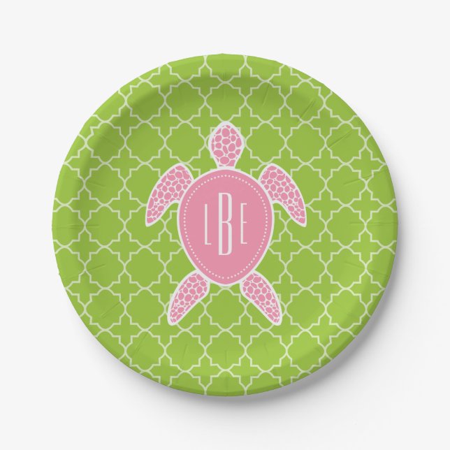 Mit Monogramm rosa Seeschildkröte-Grün Quatrefoil Pappteller (Vorderseite)