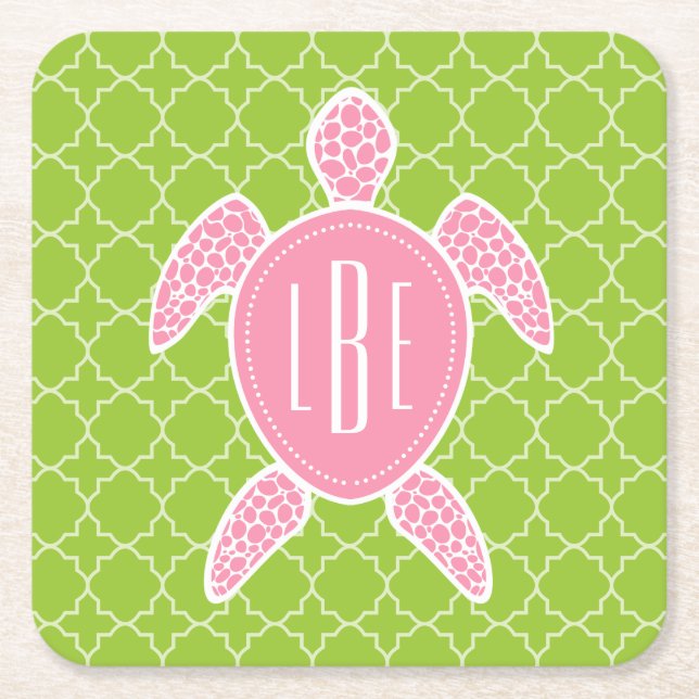 Mit Monogramm rosa Seeschildkröte-Grün Quatrefoil Rechteckiger Pappuntersetzer (Vorderseite)